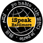 Globe with banner in middle saying iSpeak Baltimore and foreign language words around the edge